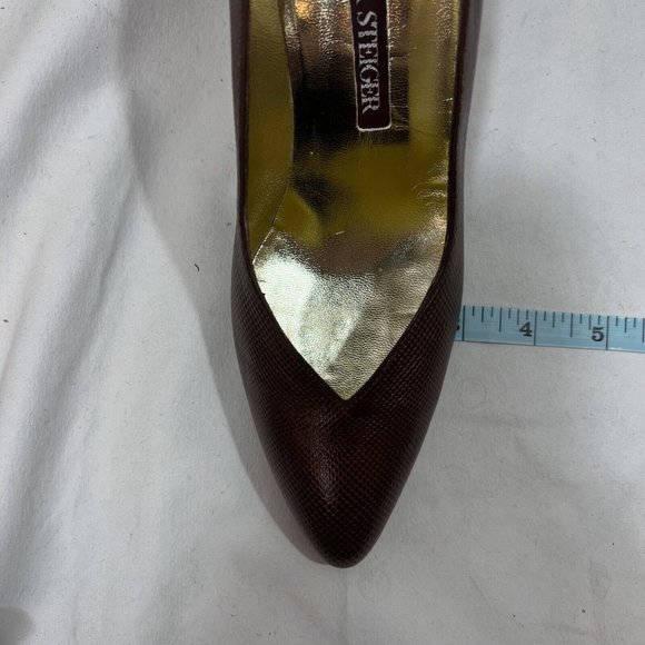 Vintage Walter Steiger Heels Pumps Sz 7.5 AA Brown Embossed Leather Handmade Ita - Picture 12 of 14